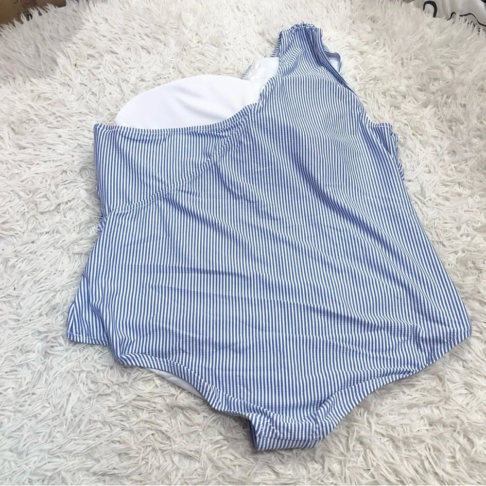 J Crew Ruched‎ Seersucker One Shoulder One Piece Swimsuit Blue White Size 24